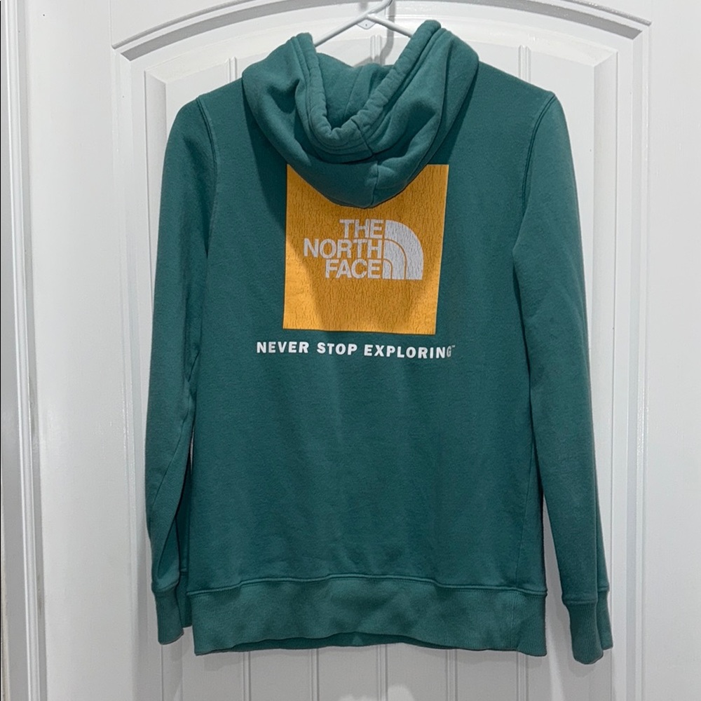The North Face Teal Hoodie with Orange Logo